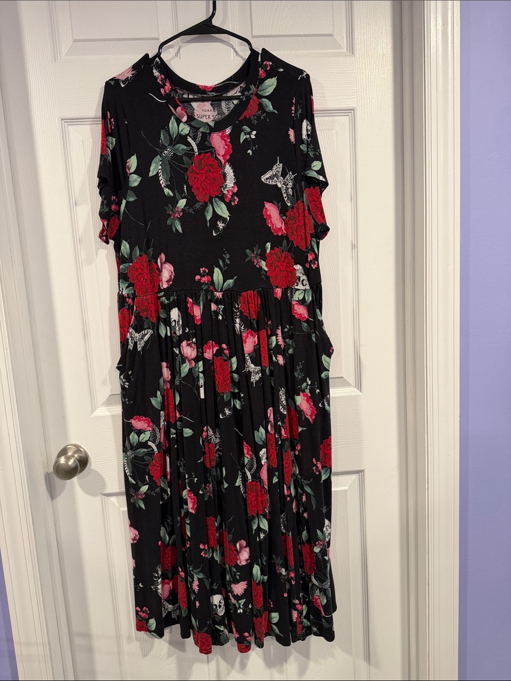 Skull Floral Midi Dress with Pockets - Black with Red & Pink Roses